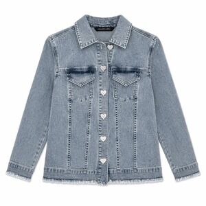 Colleen Lopez Denim Jacket Medium Light Wash Rhinestone Heart Buttons Ecletic